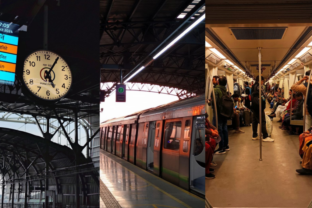Delhi metro journey collage showing station clock, platform with train, and inside coach with passengers during daily commute