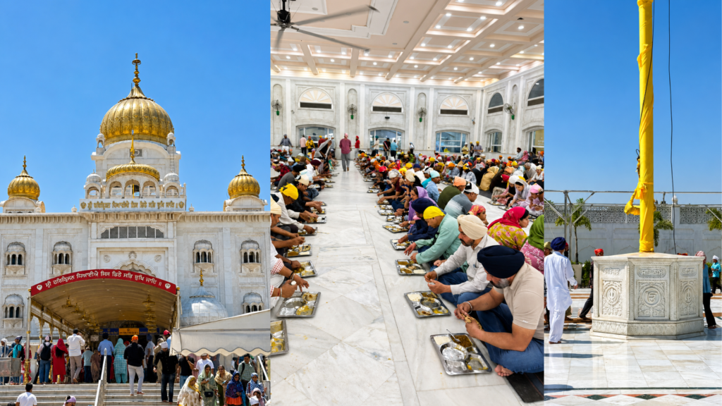 Collage showing Gurudwara Bangla Sahib exterior, people eating langar inside, and Nishan Sahib flag in the courtyard in Delhi.