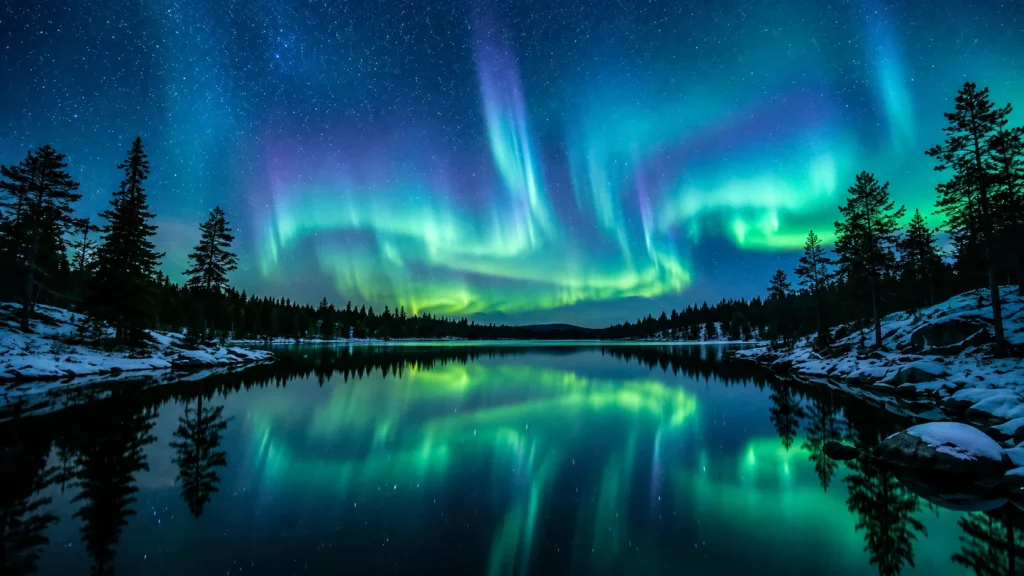 Best Places to See the Northern Lights over a frozen lake with Aurora Borealis