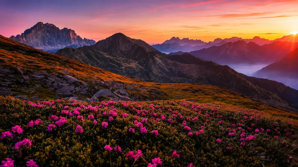 Sunset over blooming alpine flowers in the Valley of Flowers Trek Guide