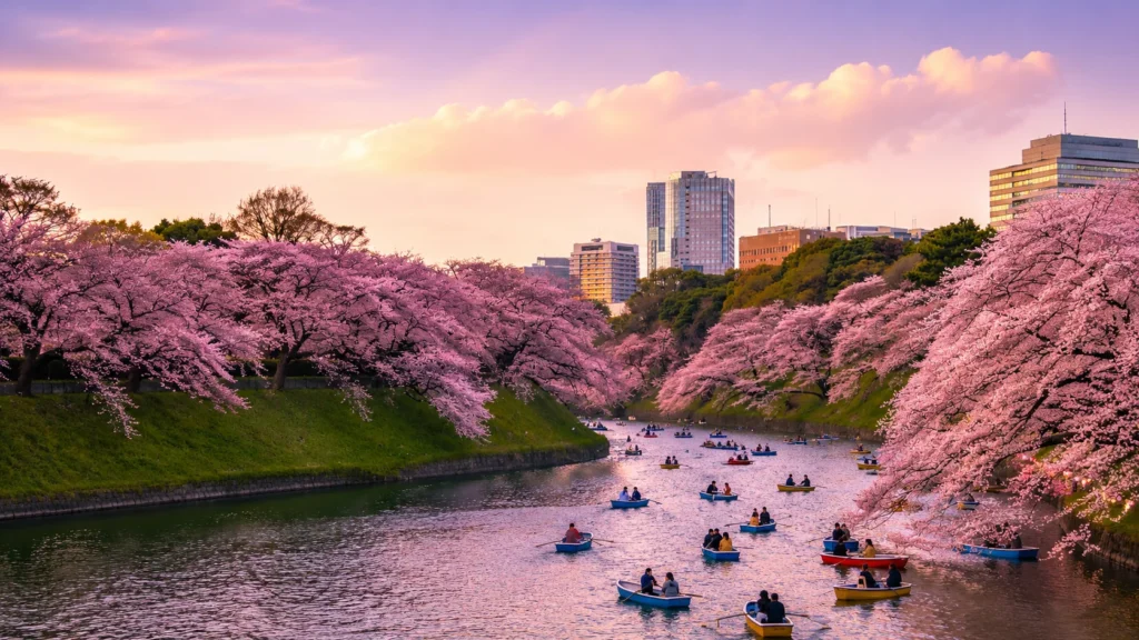Cherry blossoms along a river during Japan During Cherry Blossom Season