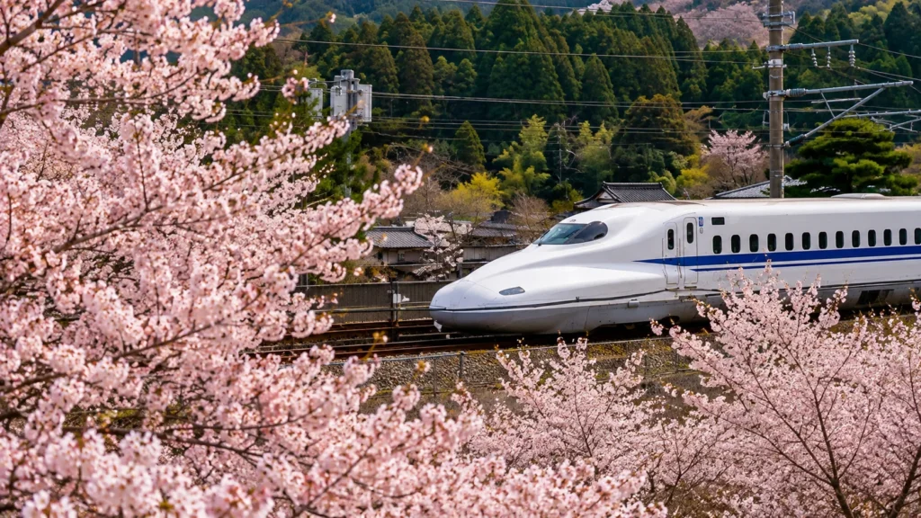Shinkansen bullet train during Japan During Cherry Blossom Season