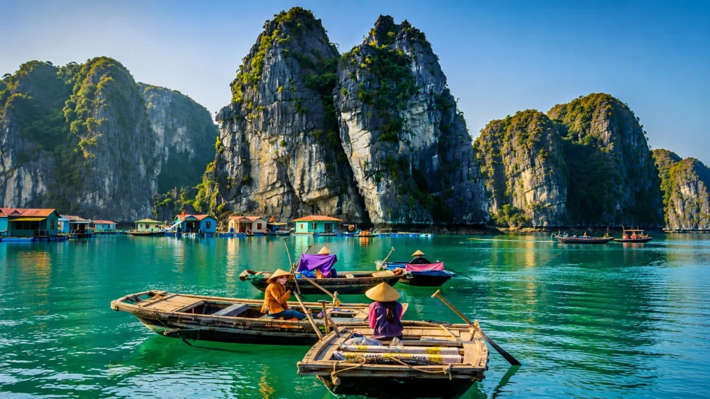 Traditional boats floating in Ha Long Bay Vietnam with limestone cliffs