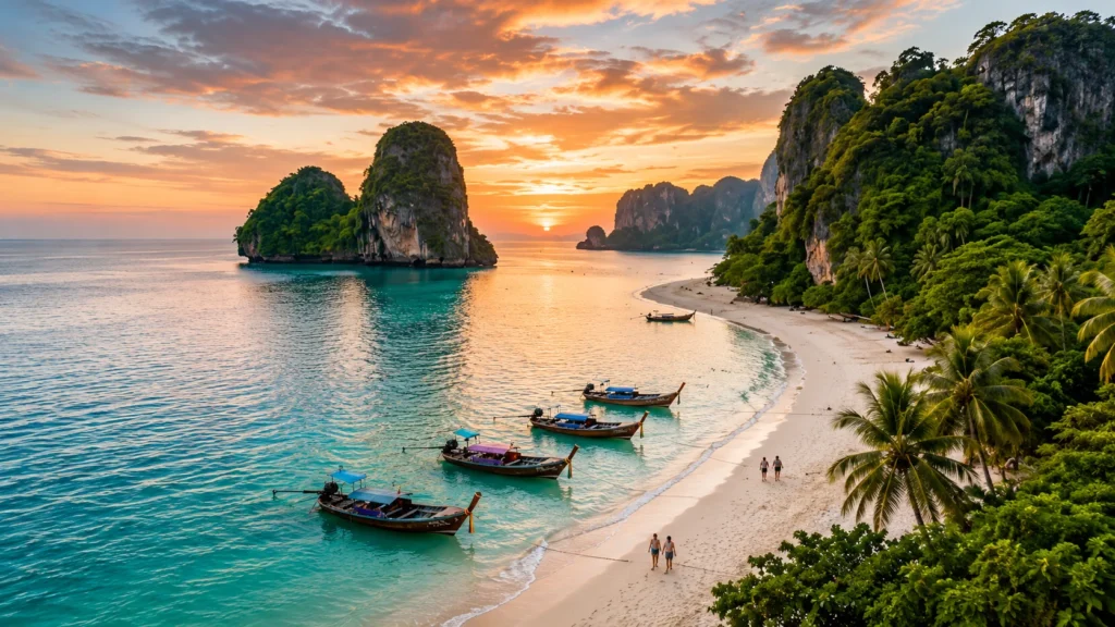 Long-tail boats on a tropical beach in Krabi Thailand during sunset