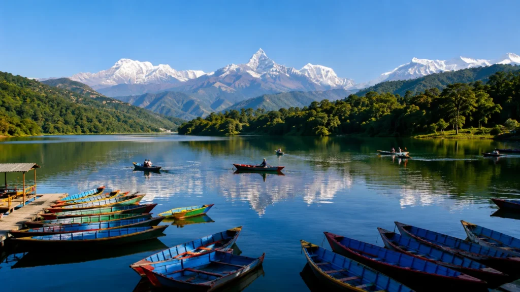 Phewa Lake in Pokhara with colorful boats and Annapurna mountain range