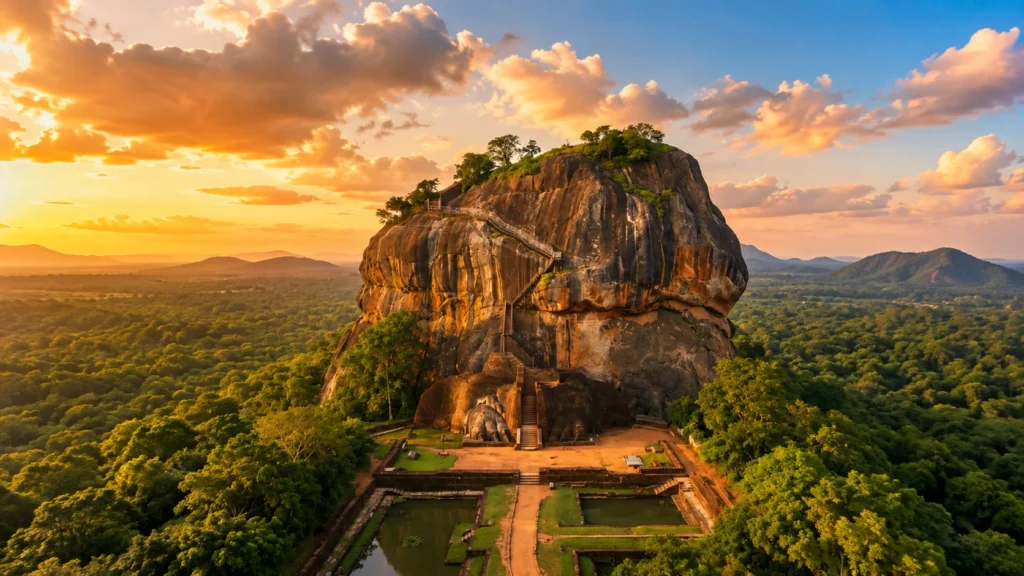 Sigiriya Rock Fortress surrounded by lush green forests in Sri Lanka