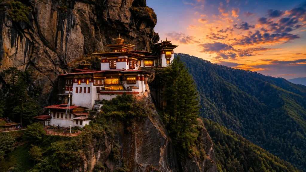 Tiger's Nest Monastery built on a cliff in Bhutan during sunset