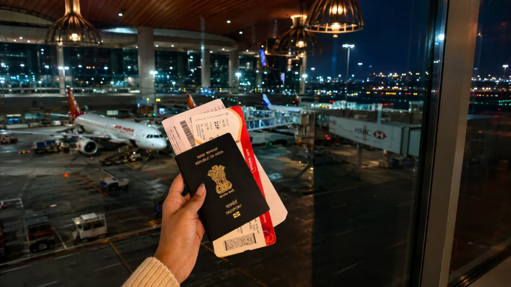 Indian passport and boarding pass at an airport before international travel