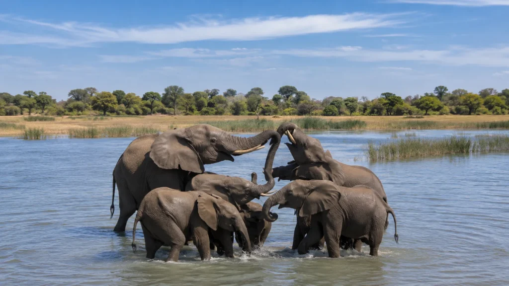Elephant herd playing in Chobe National Park Botswana