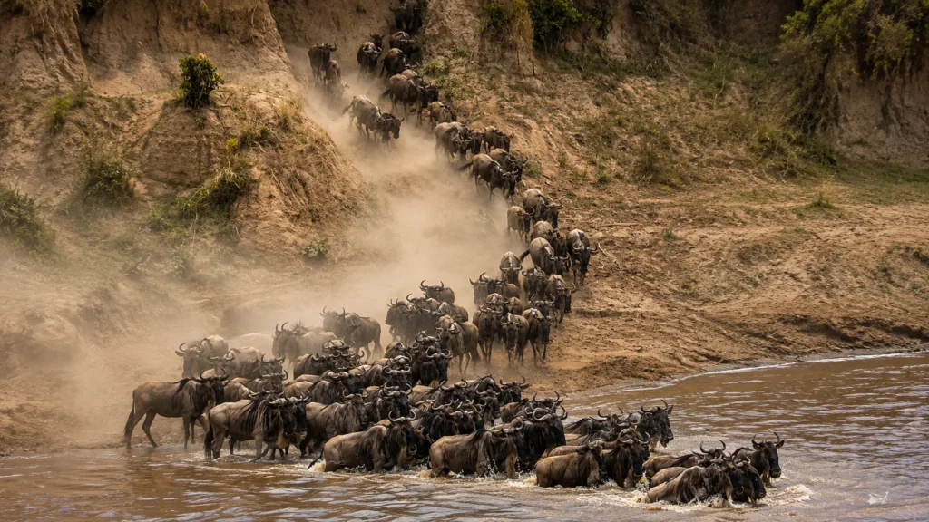 Great Migration wildebeest crossing in Serengeti National Park Tanzania