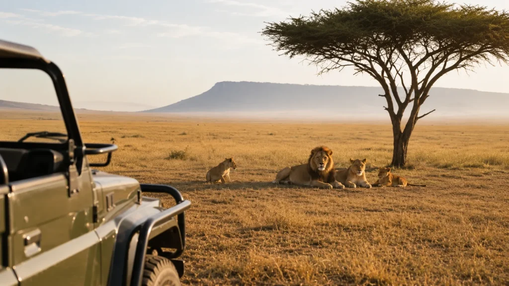 Lion family resting near a safari vehicle in Maasai Mara National Reserve
