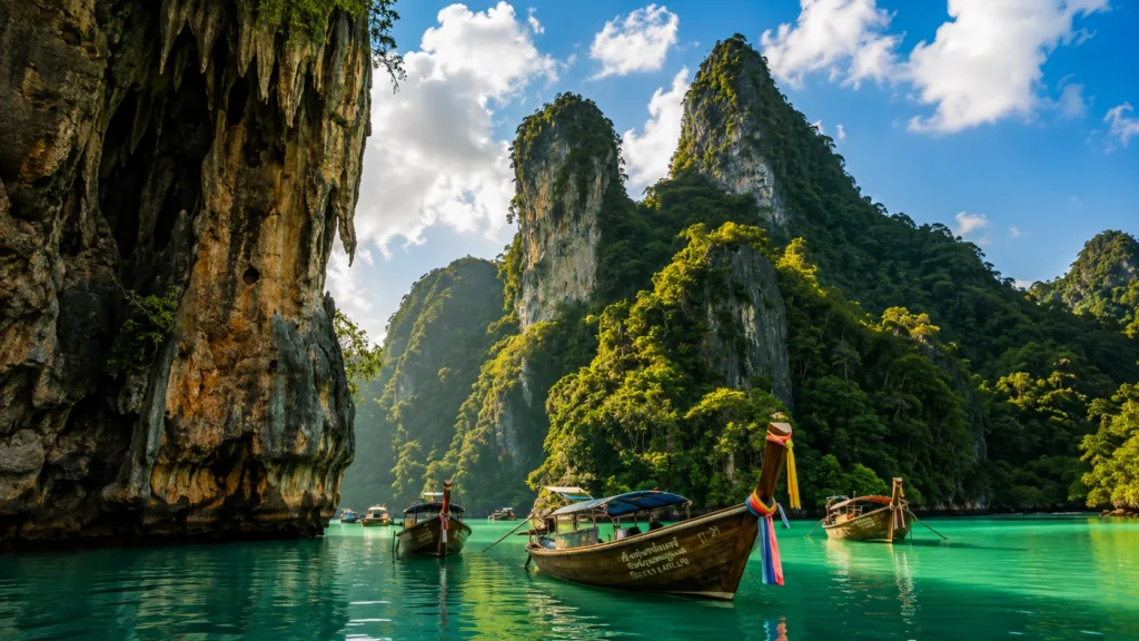 Traditional Thai long-tail boats floating in a turquoise lagoon surrounded by limestone cliffs