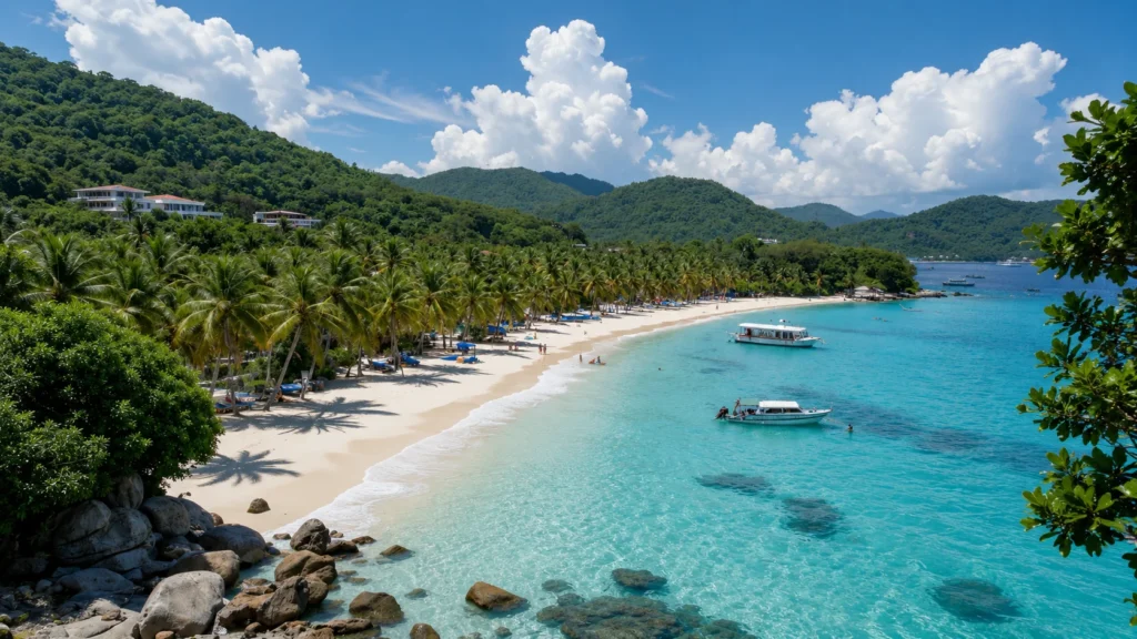 White sandy beach lined with palm trees and turquoise water on a tropical Thai island