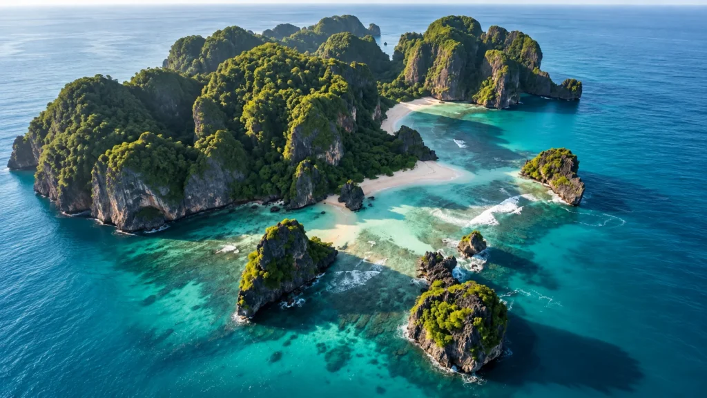 Aerial view of tropical islands with turquoise lagoons and white sandy beaches in Thailand