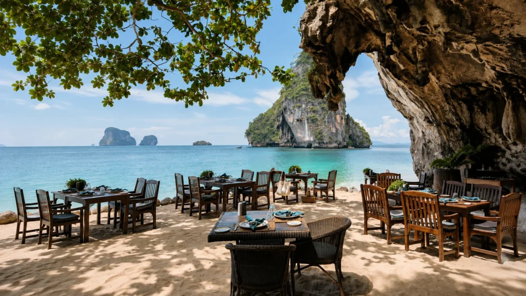 Beachfront restaurant beneath limestone cliffs overlooking the Andaman Sea in Thailand