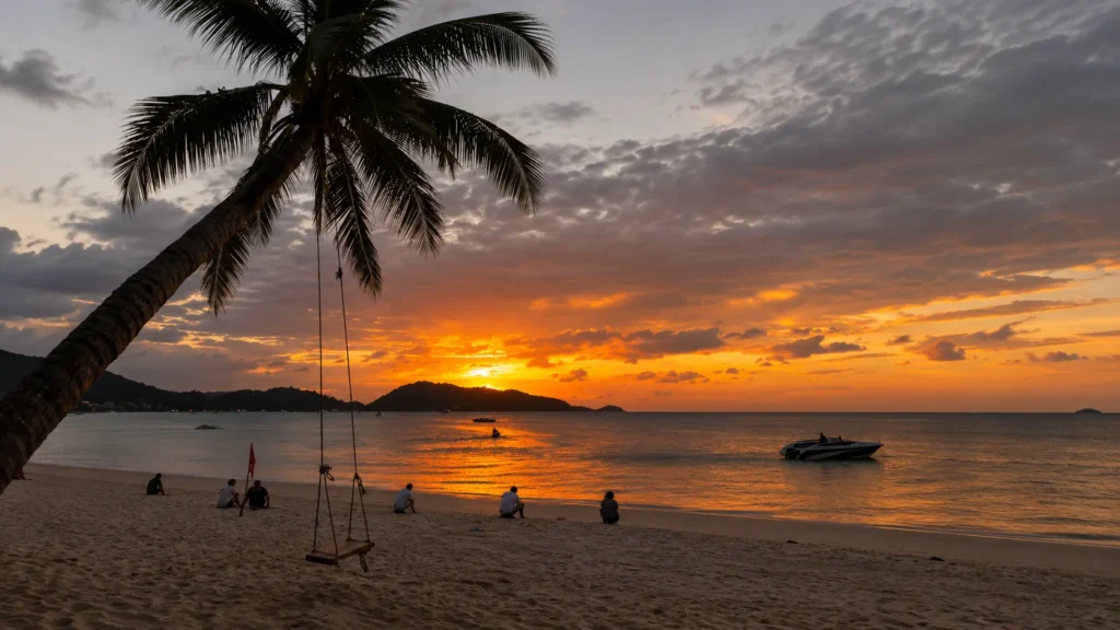 Palm tree swing overlooking a golden sunset on a tropical beach in Thailand