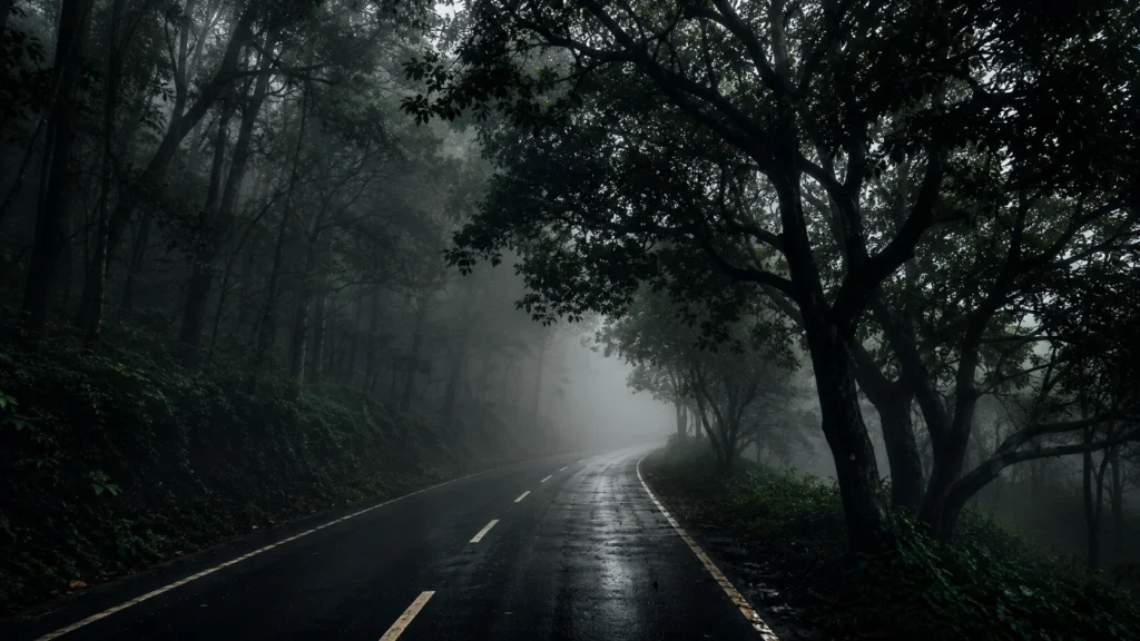 Fog-covered forest road at Dow Hill in Kurseong surrounded by dense trees