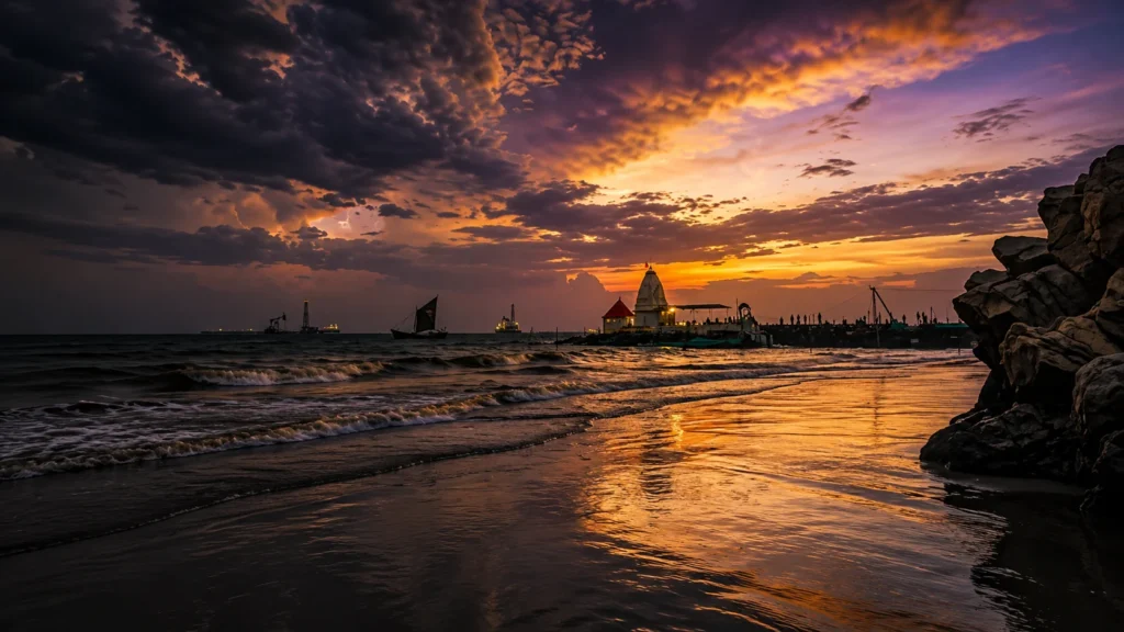 Sunset view of Dumas Beach in Gujarat with dramatic clouds and shoreline