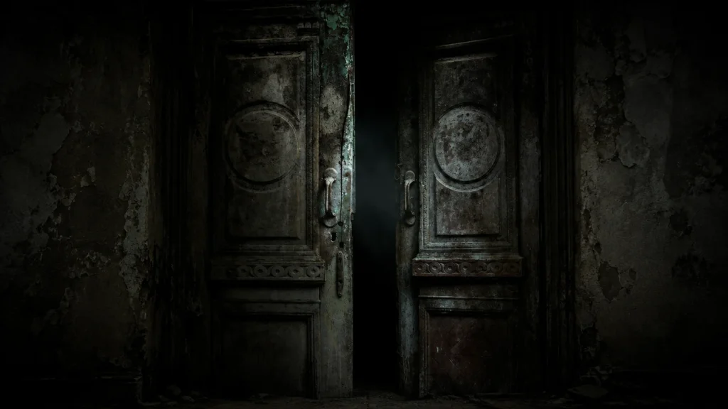 Old abandoned wooden doors leading into a dark haunted building