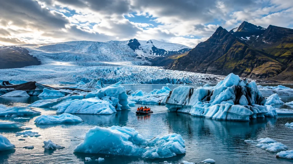 Icebergs floating in Jökulsárlón Glacier Lagoon with a Zodiac boat exploring the glacial waters.