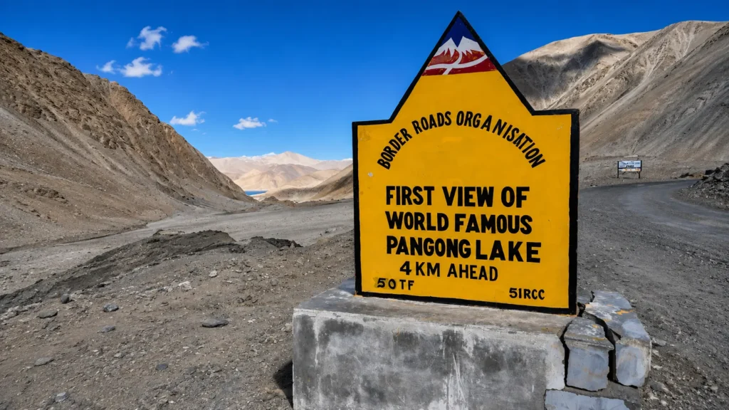 Pangong Lake signboard on the Ladakh Road Trip Guide route