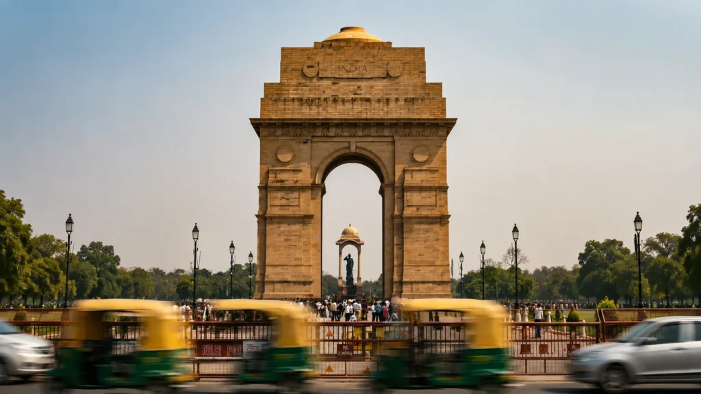 Budget Travel in Delhi Under ₹550 featuring India Gate and Delhi street traffic