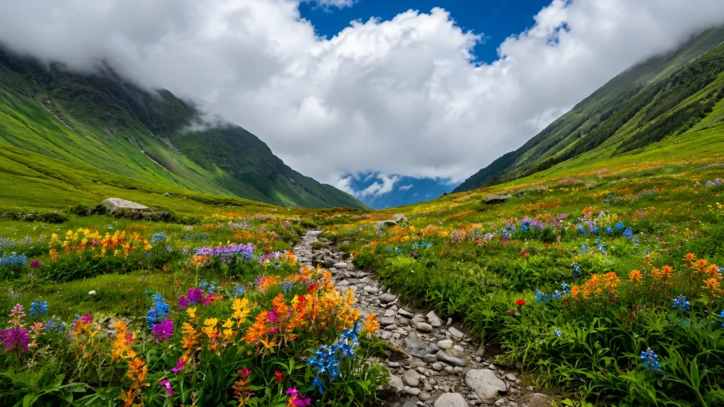 Valley of Flowers Trek Guide showing the colorful hiking trail surrounded by blooming alpine flowers in Uttarakhand
