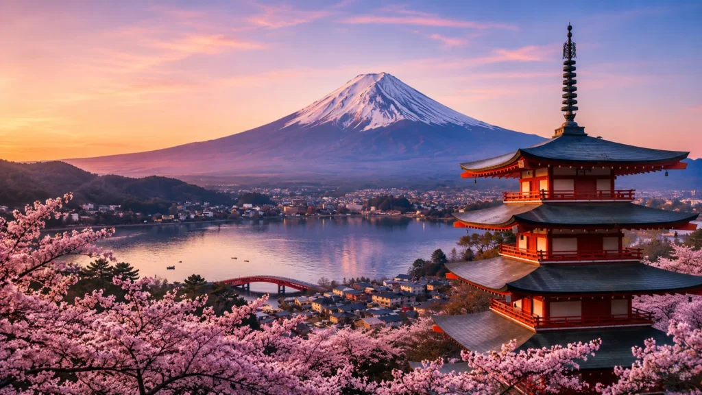 Japan During Cherry Blossom Season with Mount Fuji and Chureito Pagoda