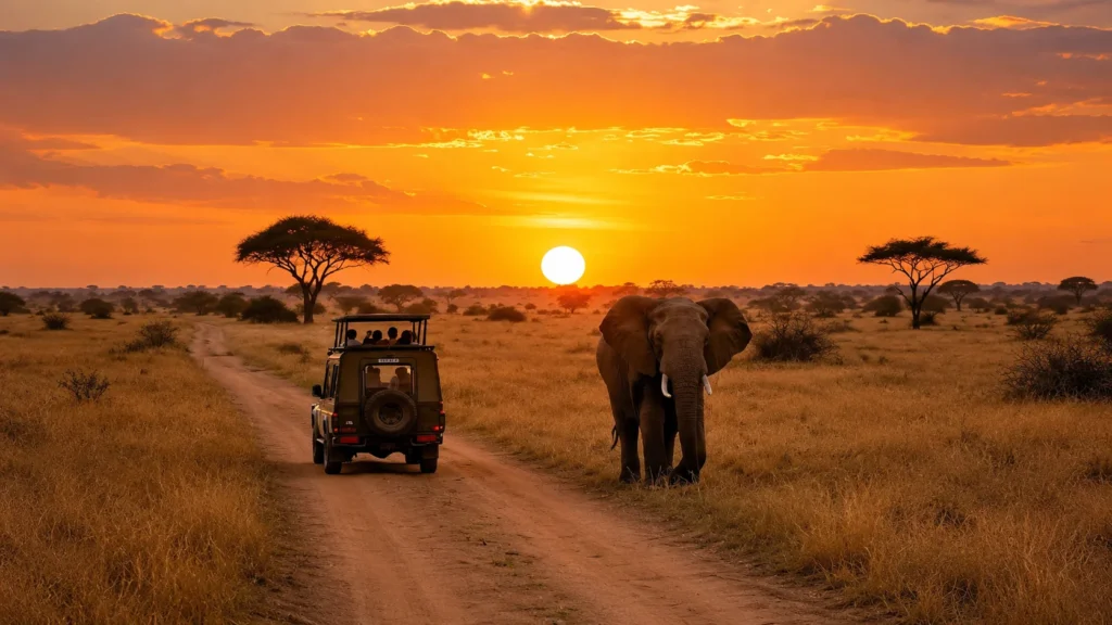 Best Safari in Africa with a safari jeep and elephant at sunset in the African savannah