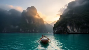 Long-tail boat sailing through emerald waters surrounded by towering limestone cliffs in Thailand