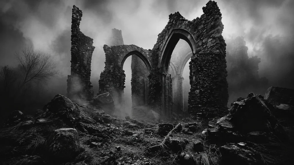 Ancient abandoned stone ruins surrounded by mist creating a haunted atmosphere