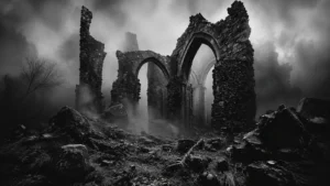 Ancient abandoned stone ruins surrounded by mist creating a haunted atmosphere