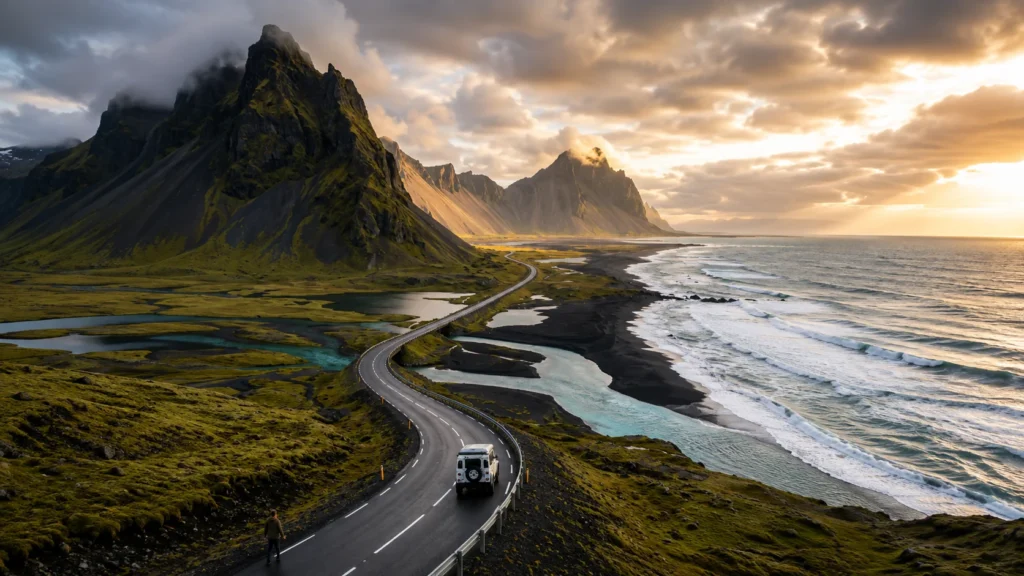 Scenic Iceland Ring Road winding along the South Coast with dramatic mountains, black sand beaches, and the Atlantic Ocean.