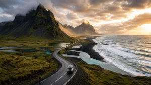 Scenic Iceland Ring Road winding along the South Coast with dramatic mountains, black sand beaches, and the Atlantic Ocean.
