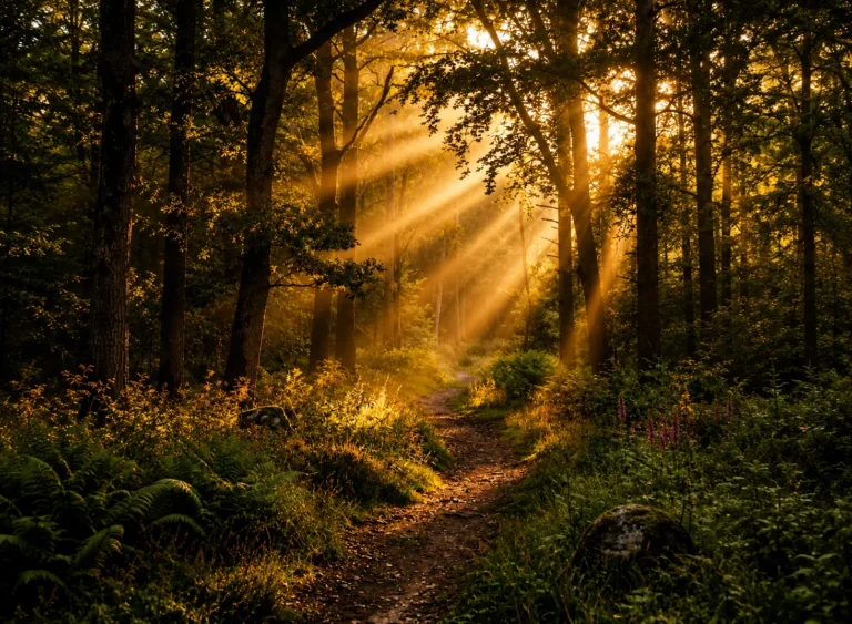 Sunlight filtering through trees along a forest trail