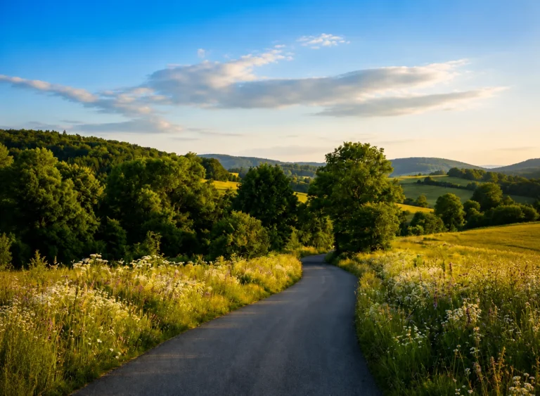 Scenic countryside road winding through green hills and fields