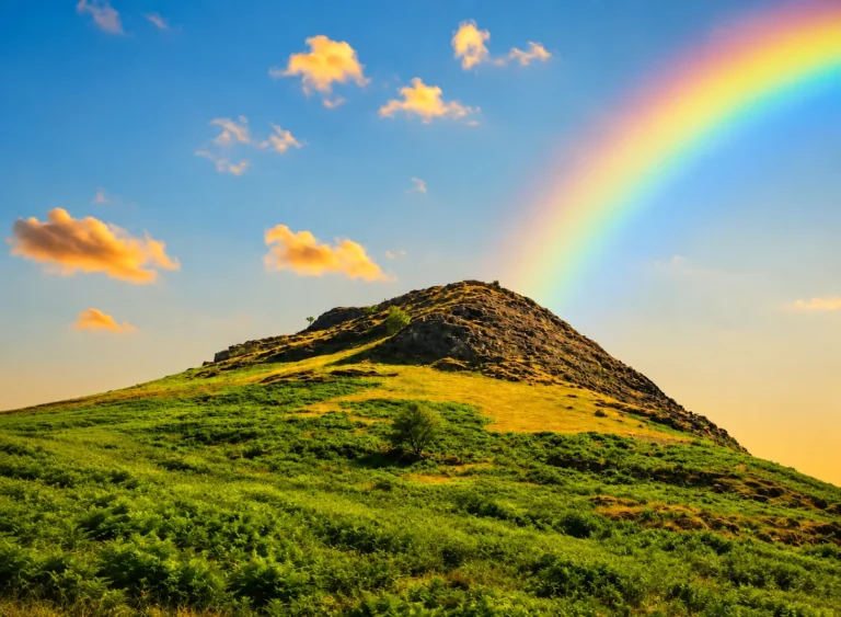 Rainbow over a green hill beneath a blue sky
